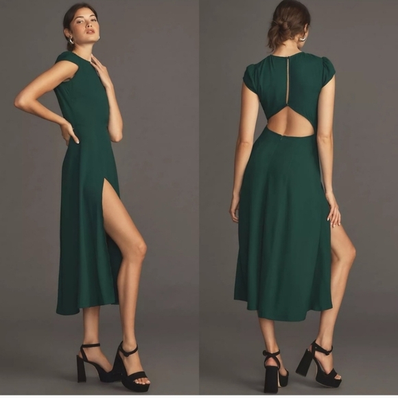 Reformation Gavin Emerald Green Dress Open Back Cap Sleeve Slit Midi Size 12 - Picture 1 of 16